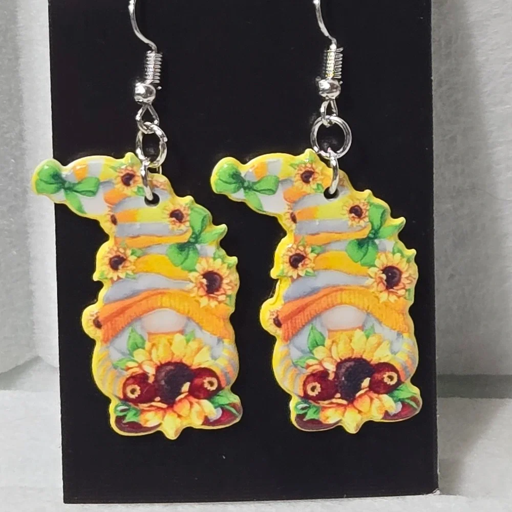 Gnome Earrings‎ Sunflower Theme Yellow Striped Hat Cute Dangle Jewelry